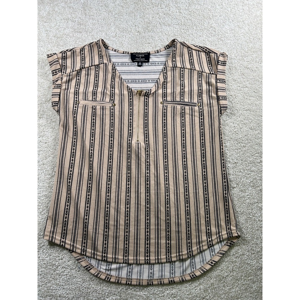 Flower & Feather Shirt Womens Small Beige Black Striped Zip Front Casual Top